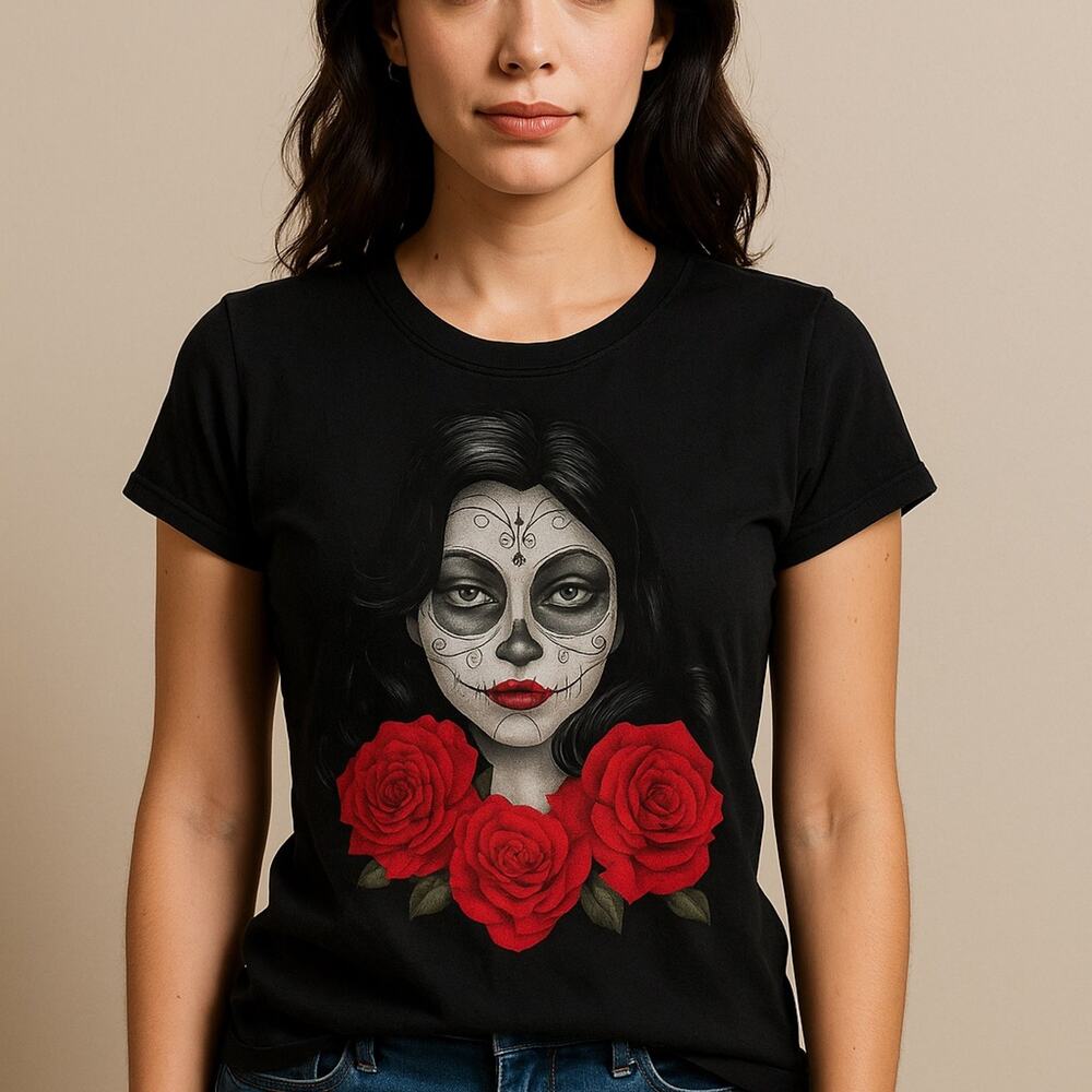 Bay Island Sportswear Sugar Skull Woman Graphic Tee Black Red Roses Size L